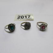3 9ct gold and silver rings (1 has stone missing).