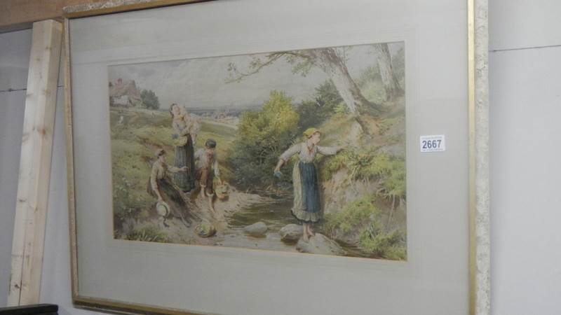A framed study of ladies by a stream.