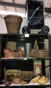 3 shelves of wicker, galvanised, terracotta flower pots etc.