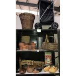 3 shelves of wicker, galvanised, terracotta flower pots etc.