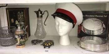 A mixed lot including Claret jug, military cap, golfing memorabilia, AA badge etc.