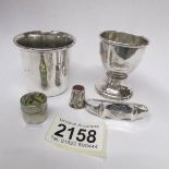 5 silver and white metal items - egg cup, tumbler, napkin ring,