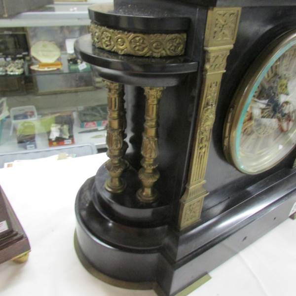 A 19th century brass and slate mantel clock, named on face Long & co. - Image 2 of 4