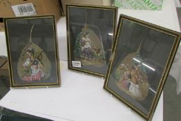 3 framed and glazed Chinese painting of ladies on leaves.