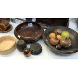 2 treen fruit bowls and a quantity of wooden fruit etc.