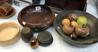 2 treen fruit bowls and a quantity of wooden fruit etc.