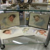 2 framed and glazed and 3 unframed studies of babies.
