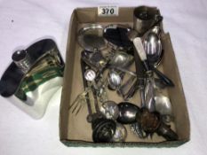 A mixed lot of silver plate cutlery, hip flas etc.