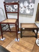An inlaid darkwood stained hall chair with reed/cane seat and an oak stool with reed/cane seat