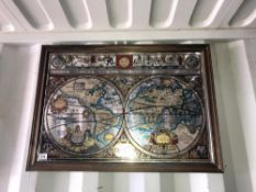 An Elizabethan style "Map of the world" print on a framed mirror