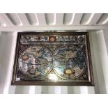 An Elizabethan style "Map of the world" print on a framed mirror