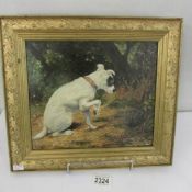 An oil on canvas painting of a Jack Russell dog on woodland track observing hedgehog,