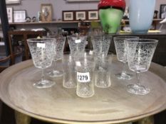 6 French etched glass wine goblets and 4 Edwardian glasses