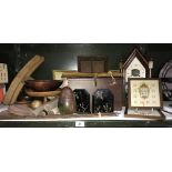 A shelf of wooden items including American gingerbread clock, cutlery tray etc.