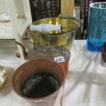 A brass jam pan, a copper kettle and a copper planter.