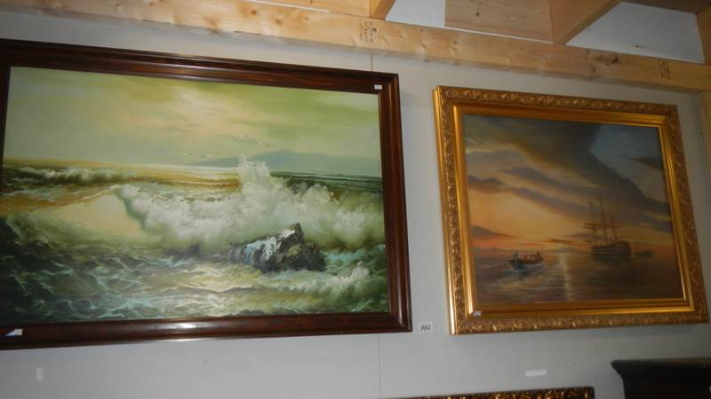 A framed seascape oil painting signed Alexander and a framed oil painting of sailing ship and crew