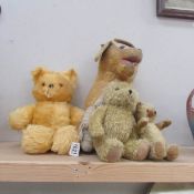 3 old teddy bears including 2 straw filled and a vintage toy dog.