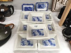 A quantity of blue and white Shreaded Wheat dishes