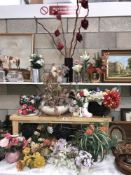 A collection of artificial flowers - some in or attached to vases plus 2 plastic bush balls