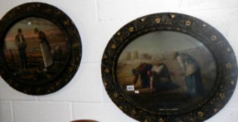 A pair of Victorian coloured prints of ladies in wheat field in oval frames.