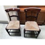 2 spindle wing backed chairs with woven string seats