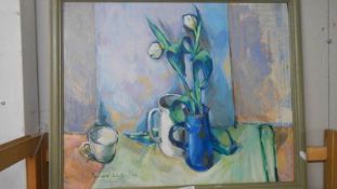 A Richard Walker acrylic on board still life with tulips exhibited by Westminster Gallery,