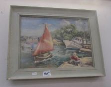 An oil on canvas harbour scene.