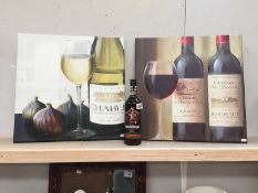 A bottle of Captain Morgan rum and 2 wine related oils on canvas