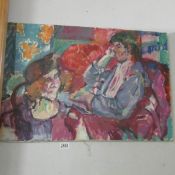 A 20th century British school artist 'paine' oil on linen. Two figures in an interior.