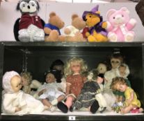 2 shelves of dolls including porcelain head and bears