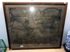 A framed and glazed print of a map 'Mappe Monde 1746' published by Leisure Arts LTD.