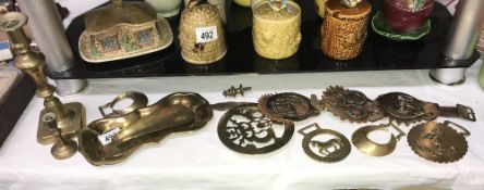 A quantity of Victorian horse brasses, pin tray, trivet etc.
