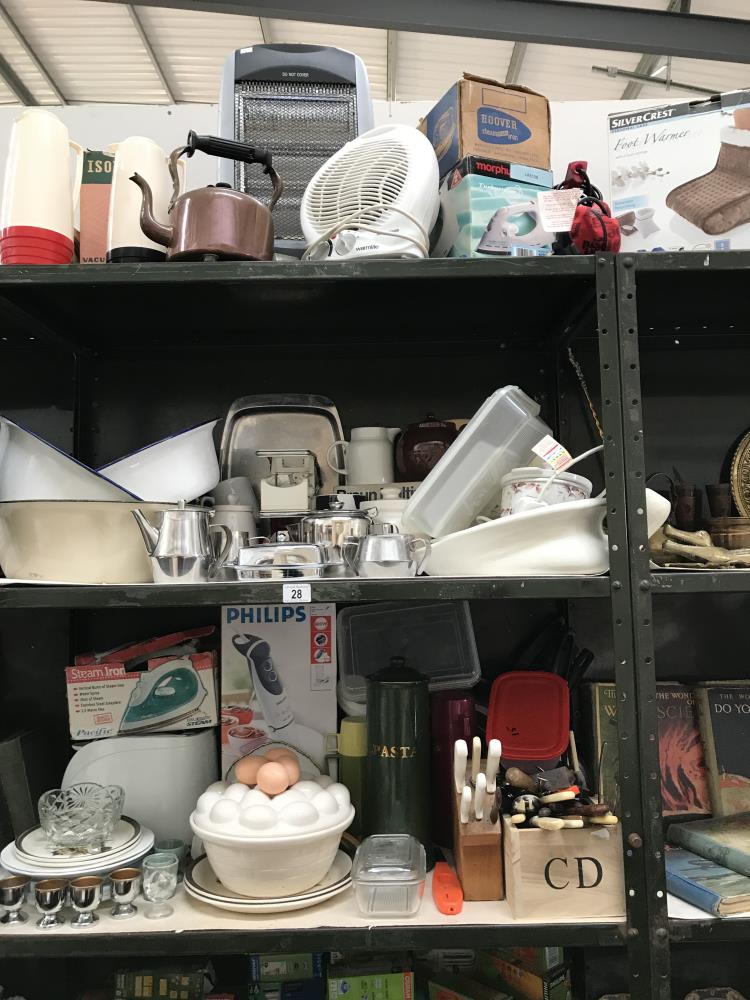 3 shelves of kitchenalia including enamel bowls, cutlery etc.