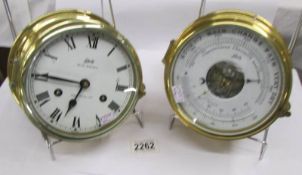A Schatz Royal Mariner brass ship's clock together with a Schatz brass ship's barometer.