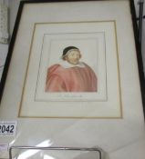 A framed and glazed watercolour of Sir John Glanville the Younger (MP at various time between 1614