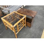 A square cane side table with glass insert and a magazine rack