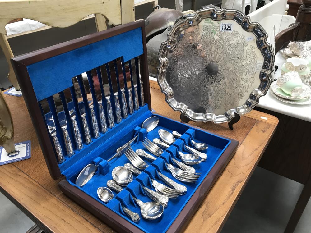 A Kings pattern cutlery set and a silver plated tray