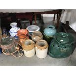 3 stoneware jars etc including blue and white vase.