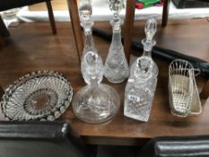 A quantity of cutglass decanters including Barone coloured glass bowl