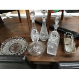 A quantity of cutglass decanters including Barone coloured glass bowl