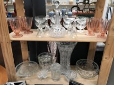 2 shelves of glassware including cut glass vase, bowl, decanter etc.