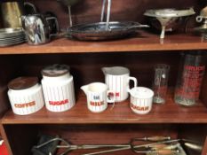 A quantity of stripped Hornsea kitchen storage jars and jugs and glass Horlichs mixers