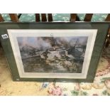 A framed and glazed print 'The Bridge at Arnhem' by Alan Fearnley signed by Major General Frost