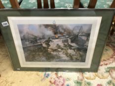 A framed and glazed print 'The Bridge at Arnhem' by Alan Fearnley signed by Major General Frost