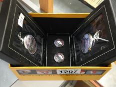 2 glory of steam pocket watches and a pair of cuff links