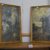 A pair of 19th century framed oil on canvas village street scenes signed Florence Dundas?.
