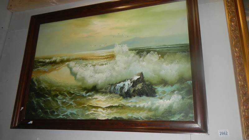 A framed seascape oil painting signed Alexander and a framed oil painting of sailing ship and crew - Image 3 of 3