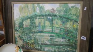 A framed oil on canvas garden scene with figures on bridge.