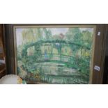 A framed oil on canvas garden scene with figures on bridge.