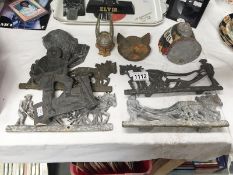 9 assorted metal items including replica Guy Motors and Rover Viking bust and 4 farming scenes etc